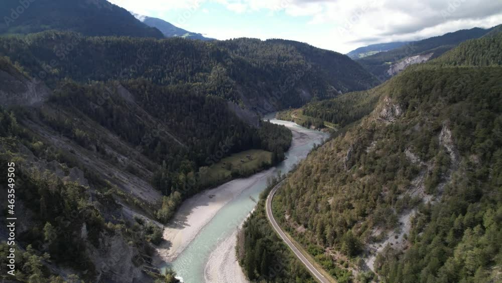 Aerial orbit over the majestic rhine gorge with railway in the woods Switzerland Aerial orbit over the majestic rhine gorge with railway in the woods Switzerland