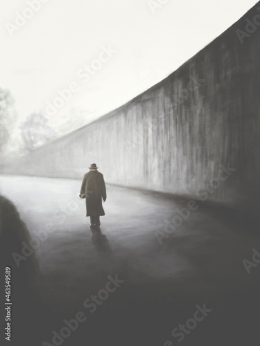 Illustration of old solitary man walking outside, abstract concept