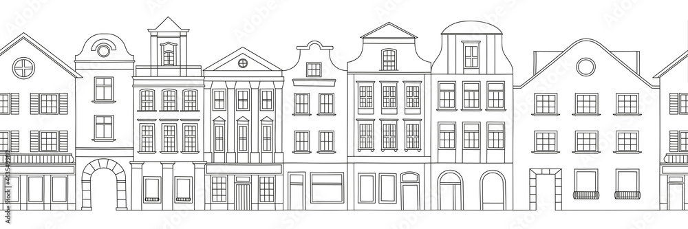 Facade of houses. European street. Netherlands. Architecture sketch. Seamless vector image.