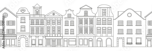 Facade of houses. European street. Netherlands. Architecture sketch. Seamless vector image.