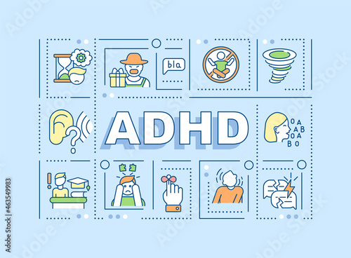 Attention deficit hyperactivity disorder word concepts banner. ADHD signs. Infographics with linear icons on blue background. Isolated creative typography. Vector outline color illustration with text