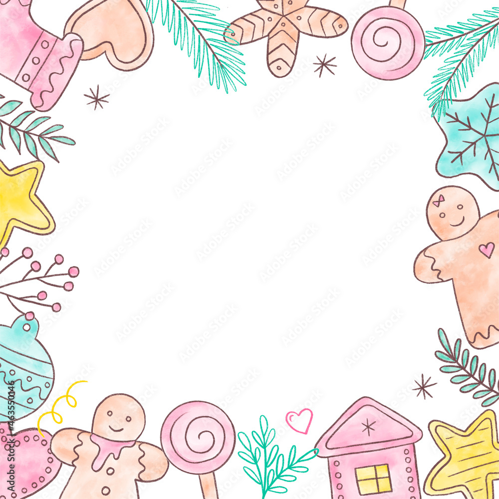Christmas square frame with gingerbread cookies on a white background. Holiday wreath. Watercolor hand drawn illustration. Ideal for social post, prints scrapbooking, party decoration, congratulations Christmas square frame with gingerbread cookies on a white background. Holiday wreath. Watercolor hand drawn illustration. Ideal for social post, prints scrapbooking, party decoration, congratulations