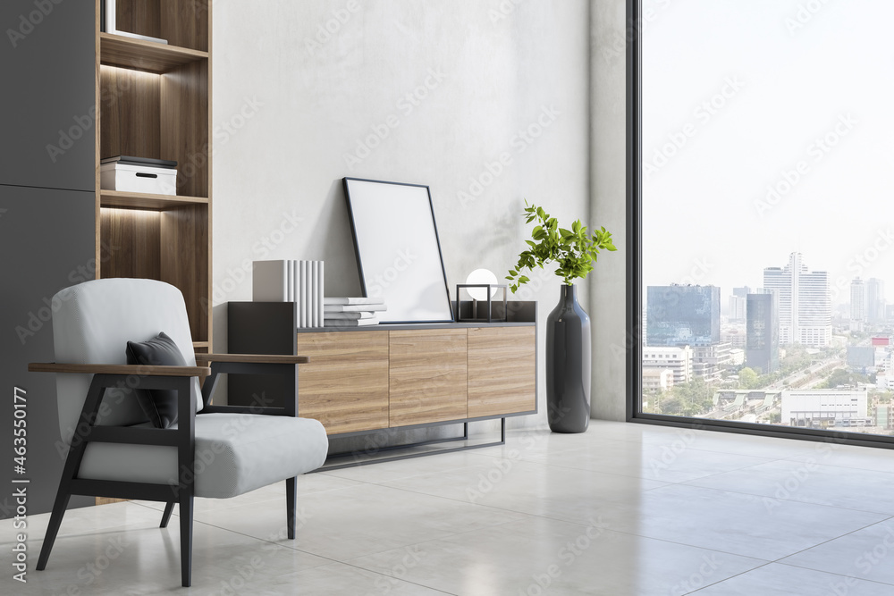 Fototapeta premium Luxury interior with wooden bookcase, armchair, decorative plant and window with city view. 3D Rendering.