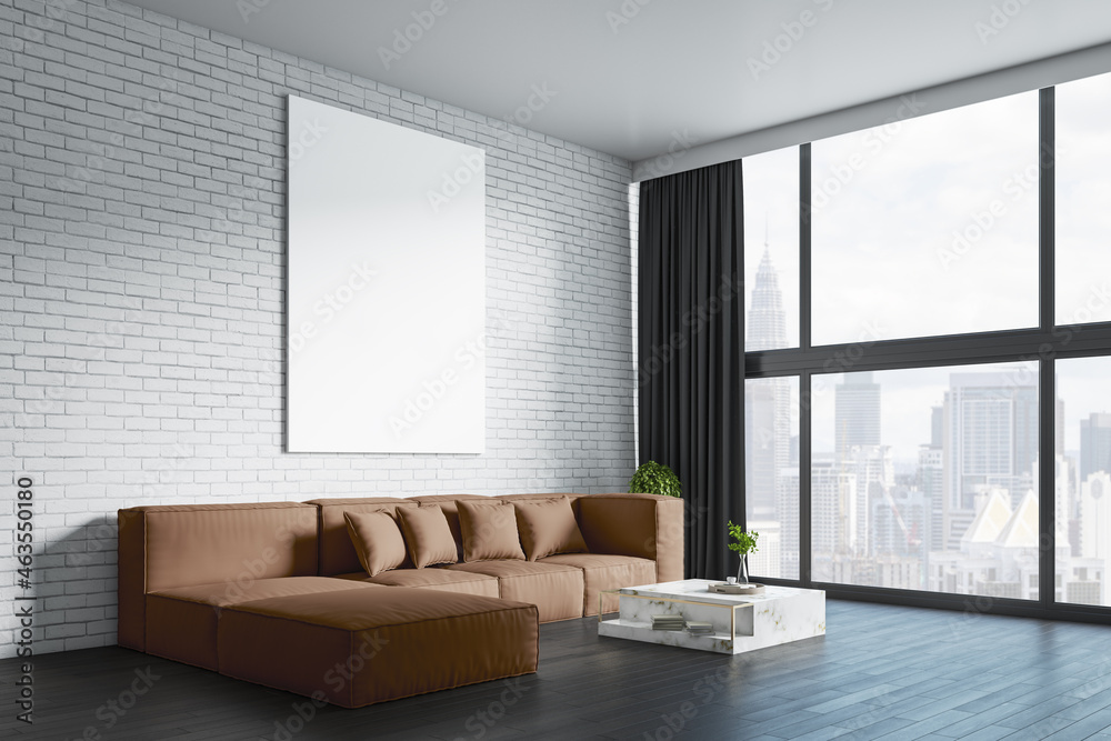 Modern living room interior with empty white mock up frame on brick wall, big couch, other pieces of furniture, curtain, window with daylight and city view. 3D Rendering.