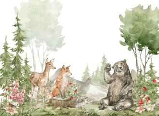 Gardinen Kinderzimmer Aquarellkomposition mit Waldtieren und Naturelementen. Hirsch, Fuchs, Bär, grüne Bäume, Kiefer, Tanne, Blumen und Berge. Waldbewohner in freier Wildbahn. Illustration für Kinderzimmer, Tapete  © Kate K.