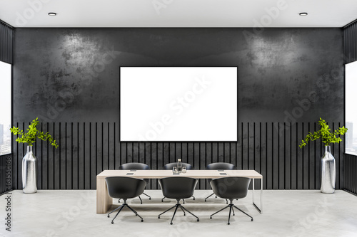 Modern black glass meeting room interior with empty mock up poster, windows, city view, furniture and equipment. Workplace concept. 3D Rendering.
