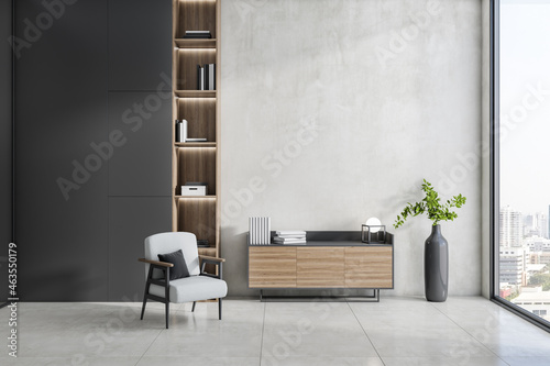 Modern interior with mock up place on concrete wall, wooden bookcase, armchair, decorative plant and window with city view. 3D Rendering. photo