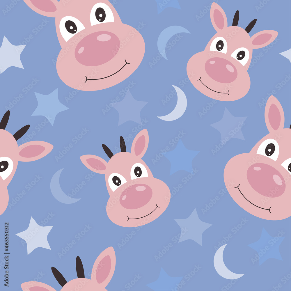 Seamless pattern with reindeer. Cartoon deer head on blue background with moon and stars. Christmas magic animal. Cute wrapper paper, textile prints, children wallpapers. Flat vector illustration