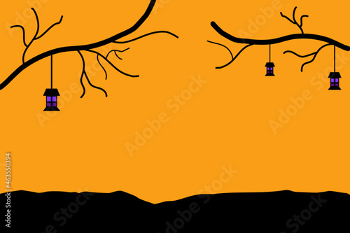 Fototapeta Naklejka Na Ścianę i Meble -  Halloween scary silhouette background, Lantern hanging on a branch. vector illustration.