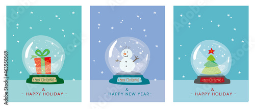  X-mas postcard set with bauble. Merry Christmas Poster with  snow globe. new year greetings card in doodle style. 