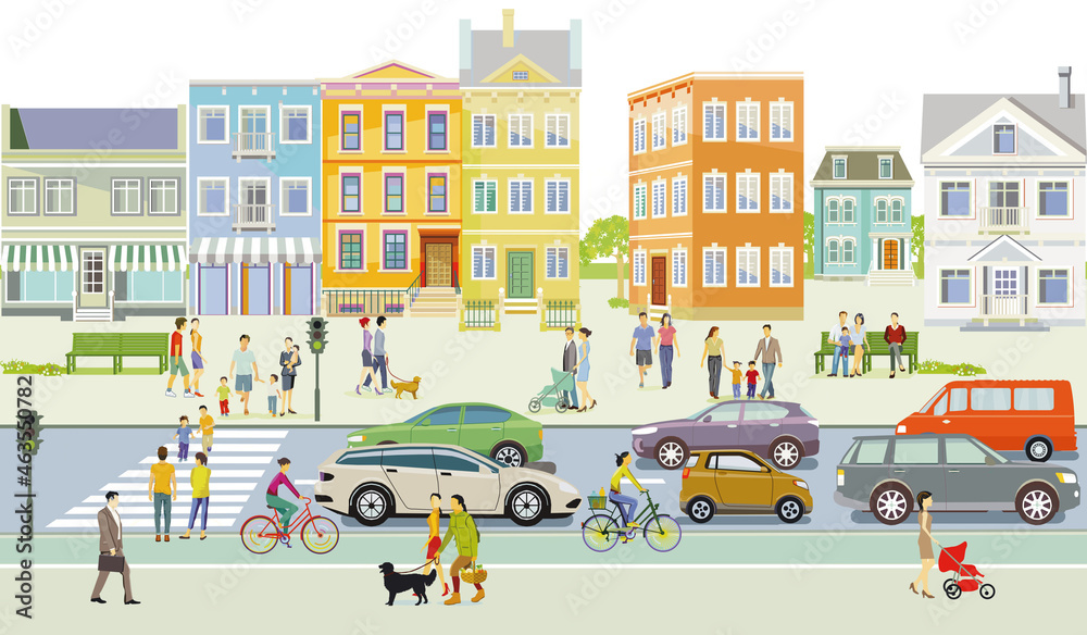 Vorort mit Fußgänger und Straßenverkehr, Illustration