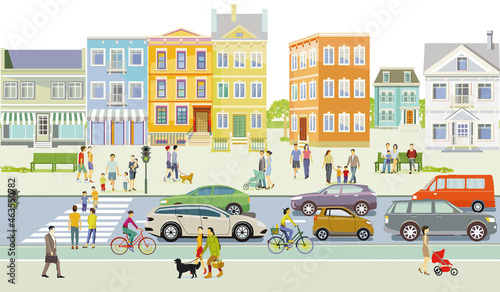 Vorort mit Fußgänger und Straßenverkehr, Illustration © scusi
