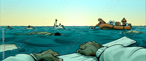 Fotografie, Obraz Illustration about refugees shipwrecked in the strait Rescue survivors from the