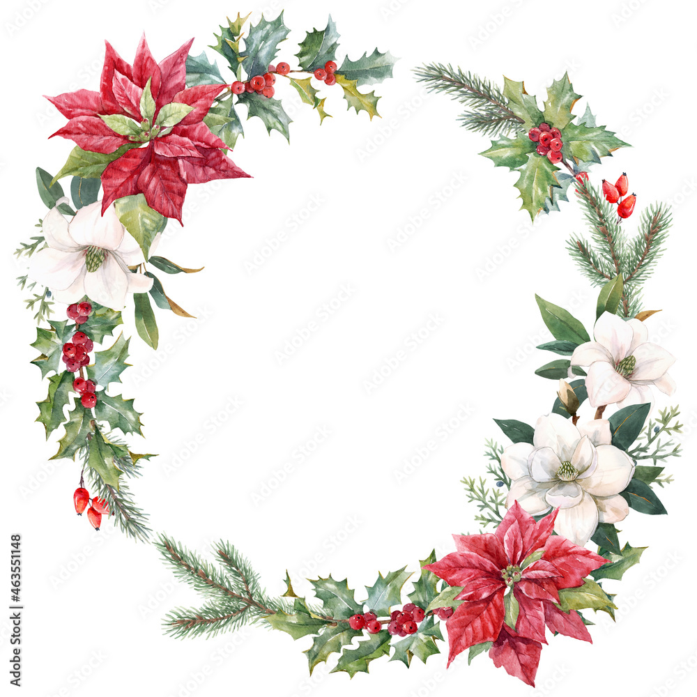 Beautiful floral christmas frame with hand drawn watercolor winter flowers such as red poinsettia and holly branch. Stock 2022 winter illustration.