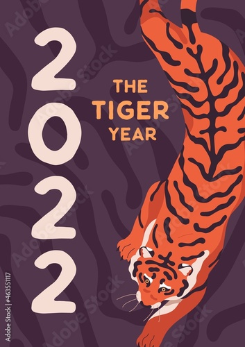 2022 Tiger Year postcard design. Festive card template with Chinese mascot an...