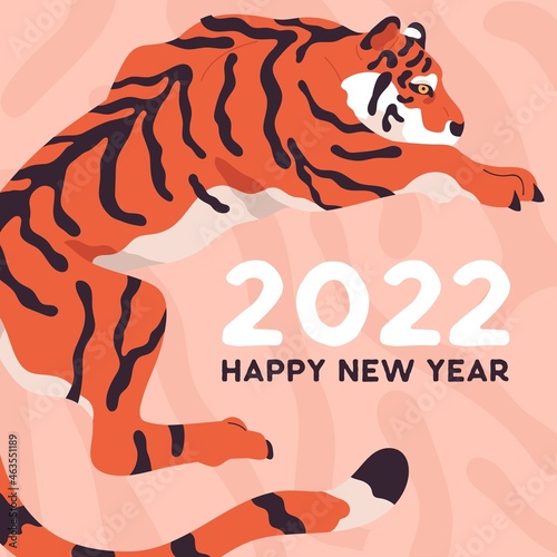 2022 postcard with Chinese tiger. Square post card design for Happy New Year ...