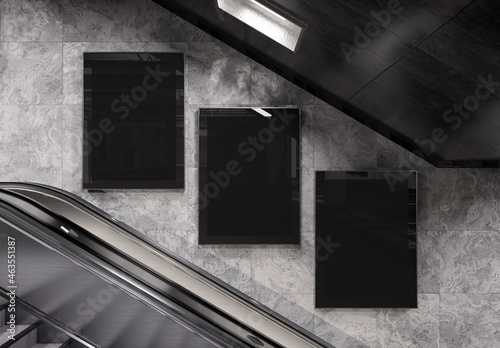 Three vertical billboards on underground wall Mockup. Hoardings advertising triptych on subway wall 3D rendering