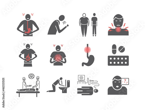Esophageal cancer icons. Symptoms and diagnosis. Medical infographics. Medical vector infographics for web design.