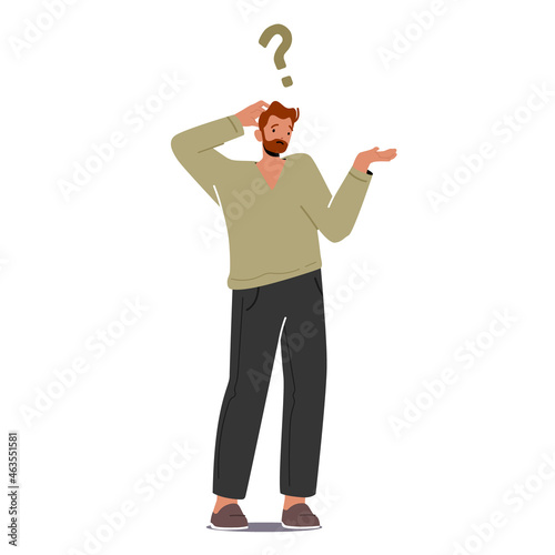 Confused Man Scratching Occiput with Big Question Mark over Head. Thinking Process, Curious Person Asking Questions