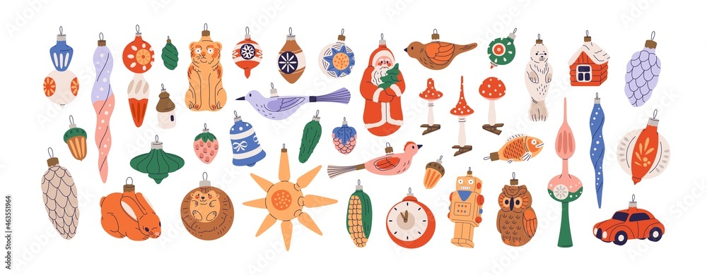 Vintage Christmas baubles and ornaments set. Xmas holiday toys and decor. Retro Santa, animal-shaped decoration and figures for fir tree. Colored flat vector illustration isolated on white background