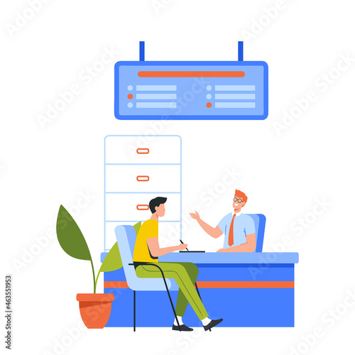 Client Character Sitting and Talking to Manager or Analysts of Credit Department. Bank Worker Providing Banking Services