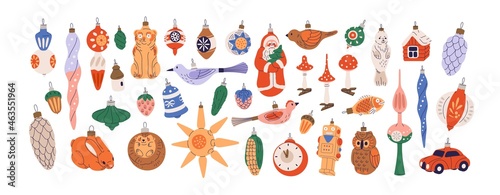 Vintage Christmas baubles and ornaments set. Xmas holiday toys and decor. Retro Santa, animal-shaped decoration and figures for fir tree. Colored flat vector illustration isolated on white background