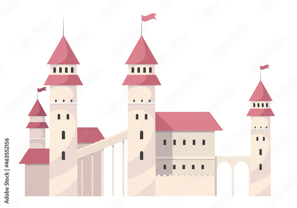 Medieval Princess Pink Castle with Towers and Flags Isolated Icon, Fairytale Palace, Dream, Fortress Exterior with Gates