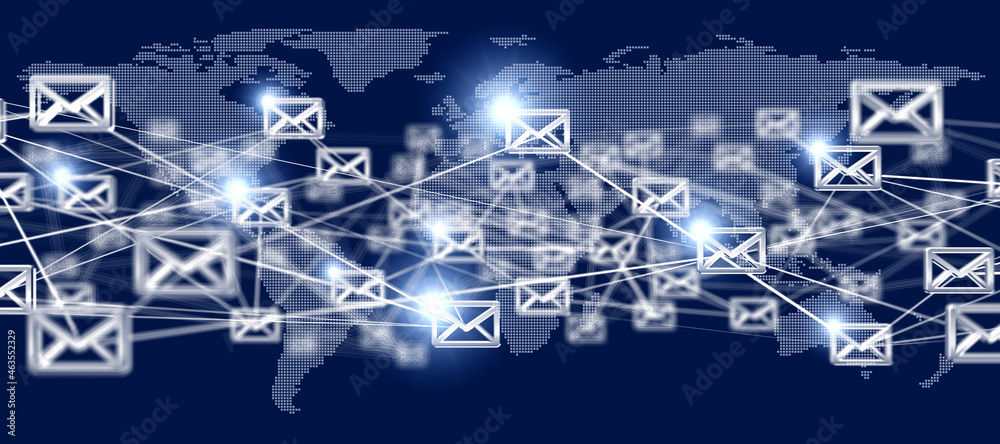 Obraz premium メールのネットワークイメージ、世界地図