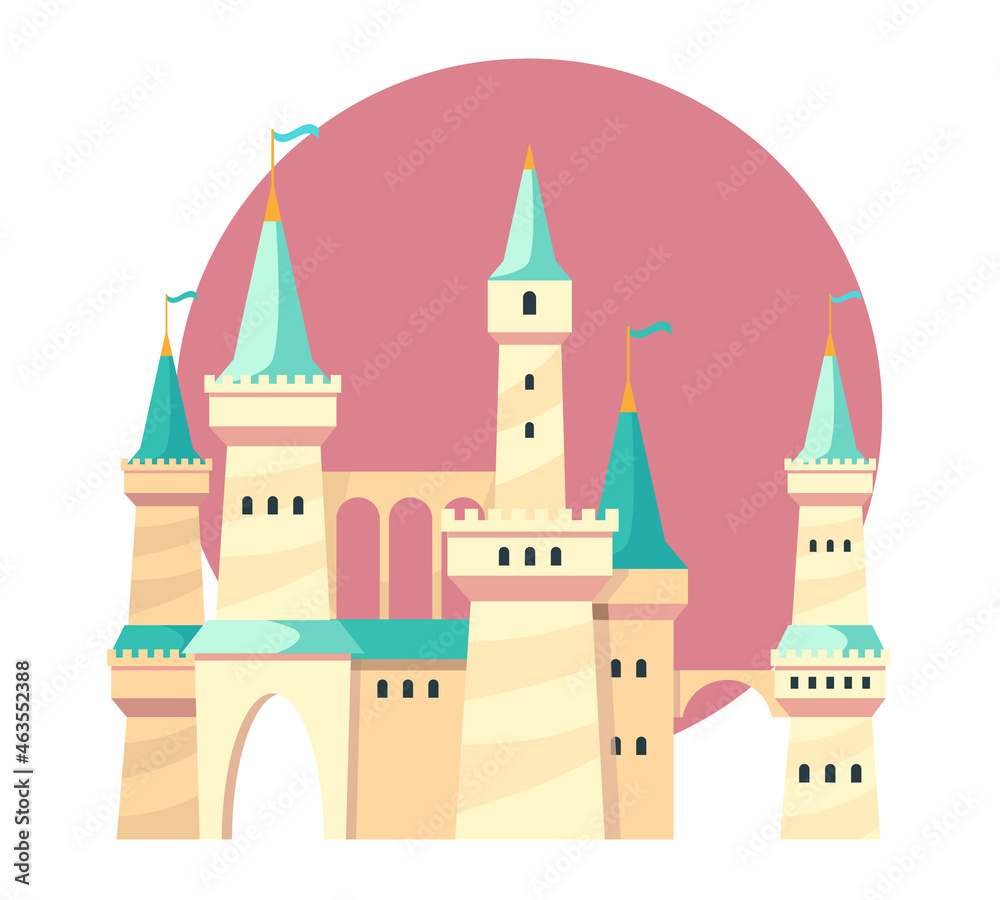 Medieval Castle with Towers and Flags Isolated Icon, Fairytale Mansion, Fortress Exterior, Fortified Palace with Gates