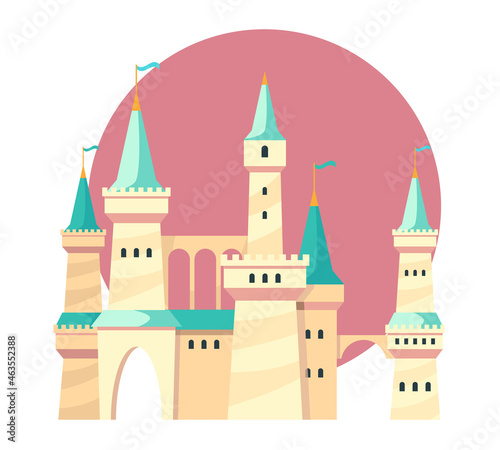 Medieval Castle with Towers and Flags Isolated Icon, Fairytale Mansion, Fortress Exterior, Fortified Palace with Gates