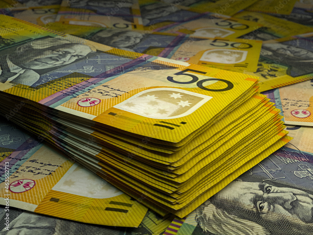 Australian money. Australian dollar banknotes. 50 AUD dollars bills. Stock  Photo