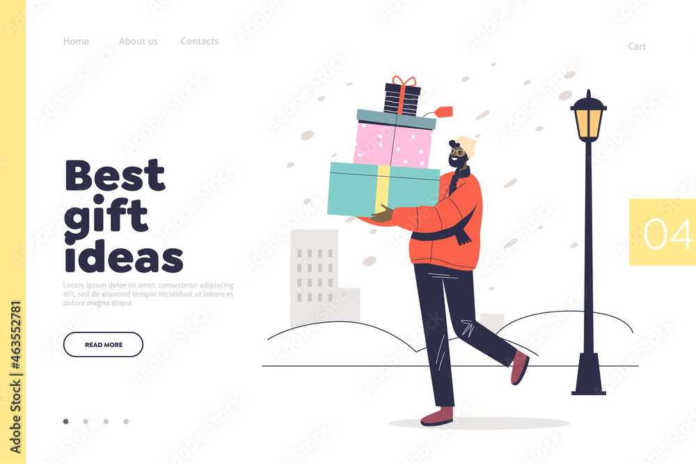 Best gift ideas concept of landing page with man carry christmas presents for winter holidays