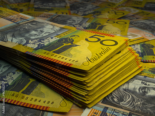 Australian money. Australian dollar banknotes. 50 AUD dollars bills.