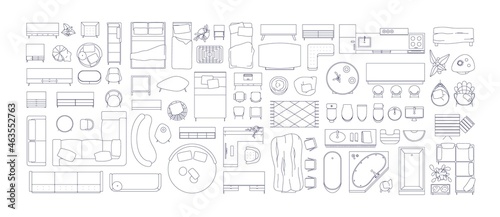 Top view of linear furniture for room interior floor plan and apartment design project. Sofa, bed and table set for home and office layout. Outlined vector illustrations isolated on white background