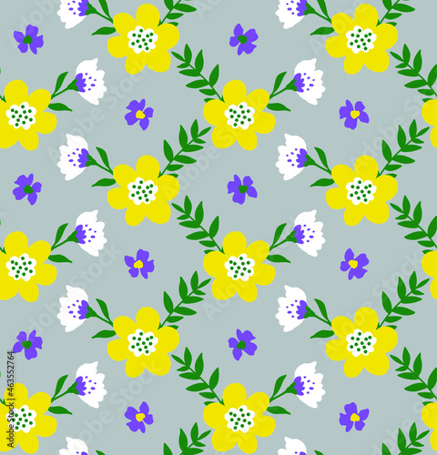 Abstract Hand Drawing Cute Ditsy Chamomile Daisy Spring Summer Flowers and Leaves Seamless Vector Pattern Isolated Background