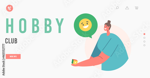 Hobby Club Landing Page Template. Happy Woman Holding Dice for Playing Board Games. Fun, Joyful Sparetime, Boardgame