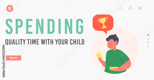 Spending Quality Time with your Child Landing Page Template. Happy Family Board Games Fun, Joyful , Kid Play Boardgame
