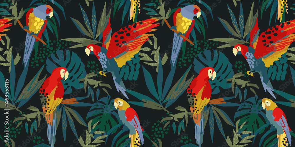 Abstract art seamless pattern with parrots and tropical leaves. Modern exotic design for paper, cover, fabric, interior decor and other - obrazy, fototapety, plakaty 
