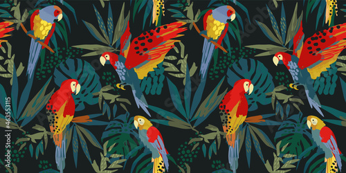 Abstract art seamless pattern with parrots and tropical leaves. Modern exotic design for paper, cover, fabric, interior decor and other