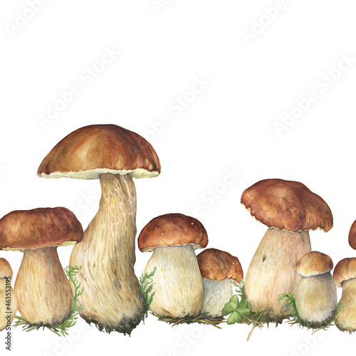 Seamless frame, border with boletus edulis mushroom (cep, porcini, king bolete, penny bun) Edible bolete wild mushroom. Watercolor hand drawn painting illustration isolated on a white background