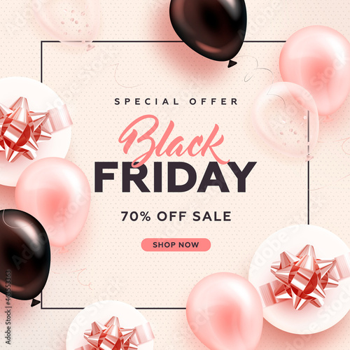 Black friday square sale banner with realistic glossy balloons, gift box and discount text on pink background. Vector illustration