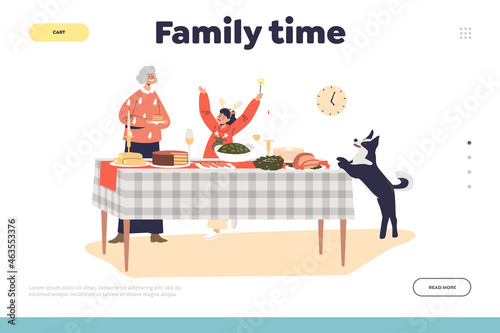 Family time on christmas landing page with grandmother and kid girl serving table for holiday dinner