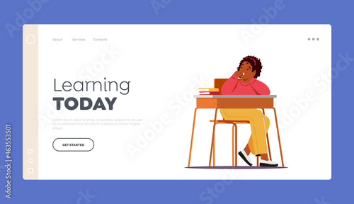 Boredom in Class Landing Page Template. Boring Child Sitting at Desk Yawning while Listening Lecture on Lesson in School