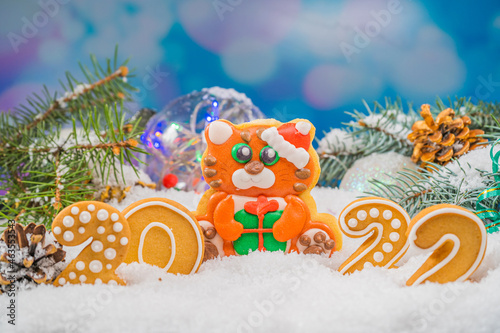 Christmas background with tiger gingerbread 2022. Holiday mood card. Family traditions  DIY  celebration concept. Festive background with homemade gingerbread cookies.