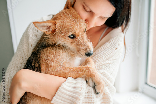 girl holding a beautiful street mix dog in her arms, helping a dog abandoned dog