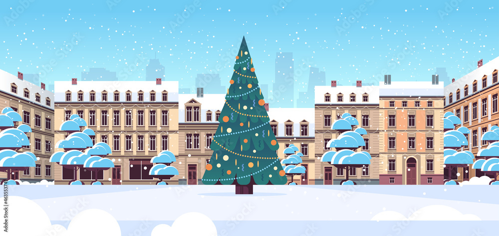 central city square with decorated christmas tree happy new year winter holidays celebration concept