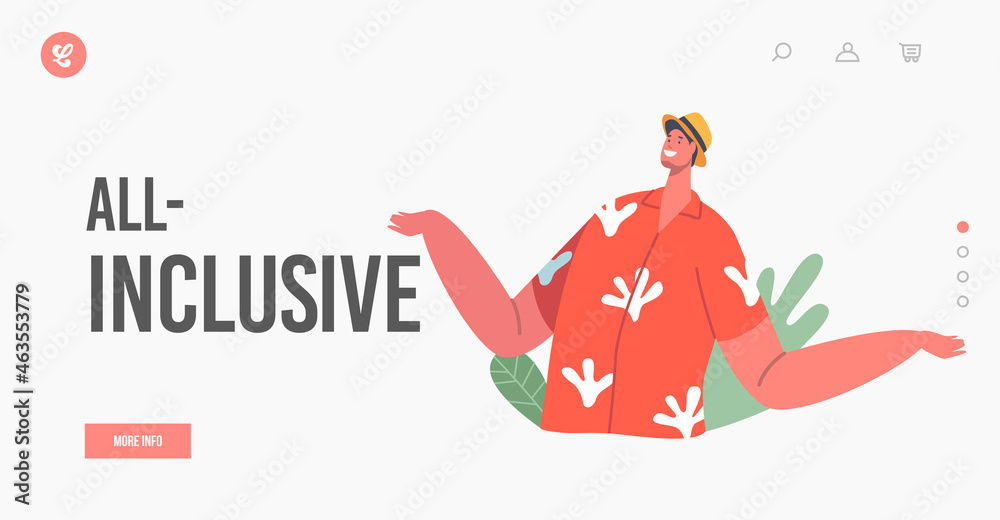All Inclusive Landing Page Template. Man Wear Summer Clothes and Hat on Summer Recreation, Happy Male Character on Beach - obrazy, fototapety, plakaty 