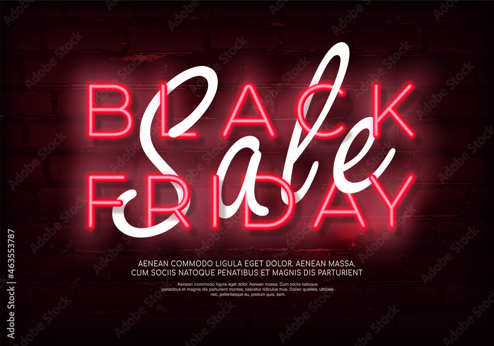 Neon banner for discounts and sales on black friday day. Modern bright poster for new year discounts and big sales. Neon banner for discounts and sales on black friday day. Modern bright poster for new year discounts and big sales.