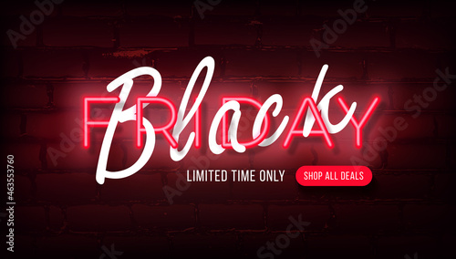 Neon banner for discounts and sales on black friday day. Modern bright poster for new year discounts and big sales.