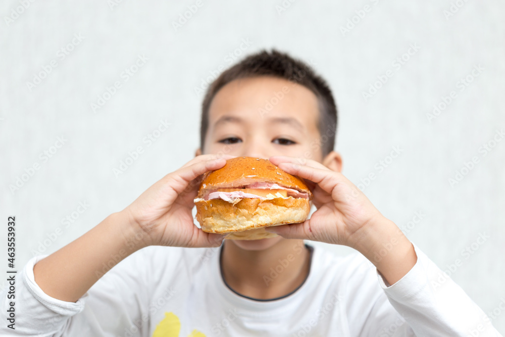 boy eating classic cheeseburger with sausages, cheese and mayonnaise boy eating classic cheeseburger with sausages, cheese and mayonnaise